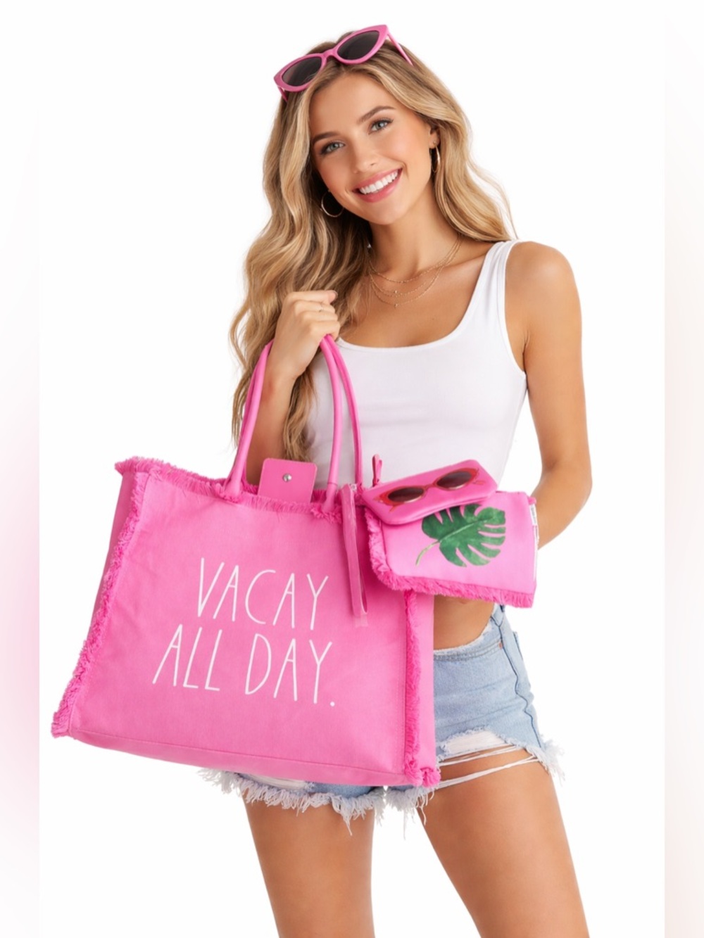 🦋NWT 3pc Rae Dunn VACAY ALL DAY Pink Tote Bag set